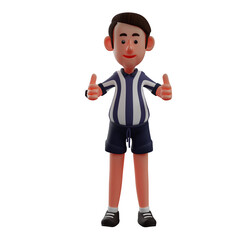   3D illustration. 3D Cartoon Design of Referee showing Two Thumb Fingers. with a cute smile. wear cool outfits. 3D Cartoon Character