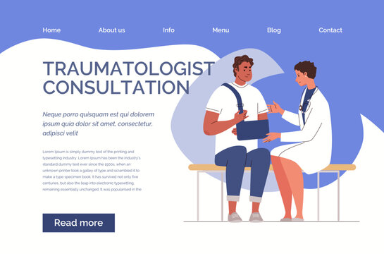 Patient with injury in doctor's office at hospital.  Traumatologist examines and assists man with bandage on his arm. Orthopedic consultation. Flat vector illustration of web template.