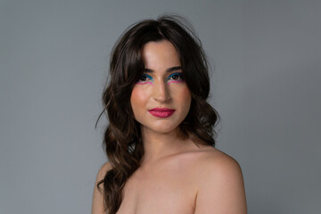 Naklejka premium Beauty woman face creative make up long brunette hair female