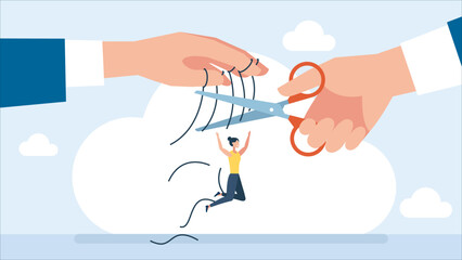 Puppet master controlling man's mind. Happy woman. Guy with scissors cutting strings of puppet. Man helps woman become free and independent from puppeteer. Freedom from slavery. Vector illustration - obrazy, fototapety, plakaty