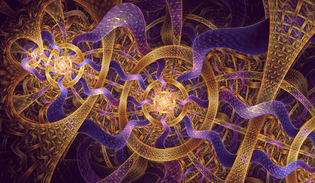 Abstract fractal art background. Perhaps like an ancient religious decoration. Knot of inter-woven tiled strips, some are straight and some are wavy, perhaps suggesting snakes and ladders.