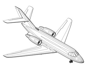 Outline of a passenger plane from black lines isolated on a white background. Isometric view. 3D. Vector illustration.