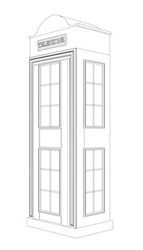 Outline of a telephone booth from black lines isolated on a white background. Side view. 3D. Vector illustration.