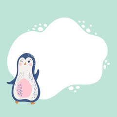 Vector illustration of penguin with blot frame in flat style. Template with cute character for your text or photo. Ideal for cards, invitations, party, kindergarten, preschool, baby nursery.
