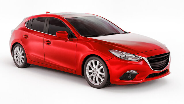 Tokyo. Japan. August 13, 2021. Mazda 3. Red city car with blank surface for your creative design. 3D rendering.