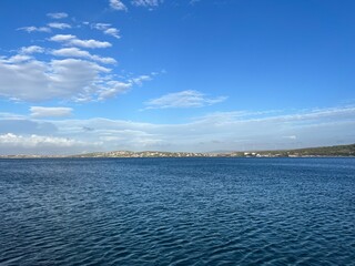 Deep blue seascape, blue sea and blue sky, natural background