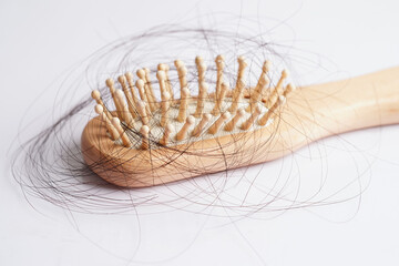 Hair loss fall with comb brush isolated on white background.