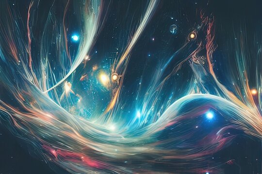 Abstract colorful neon light of nebula cosmo stardust flowing in concept space, science, universe