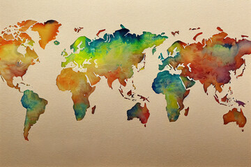 Watercolor painted colorful abstract world map. 2d illustration