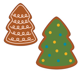 Sweet gingerbread cookies in shape of Christmas trees on white background