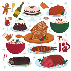 Collage of tasty dishes for Christmas dinner on white background