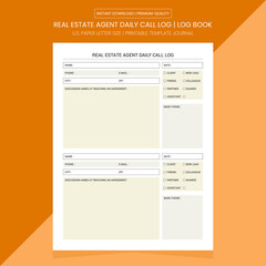 Real Estate Agent Daily Call Log | Real Estate Log Book | Diary Journal | Notebook Printable Template