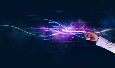 The hand of a businessman touches the virtual reality with the transmitted information. Transition...