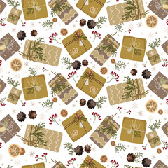 Christmas cozy winter New Year seamless pattern with gifts,Christmas tree,plants,berries vector illustration.Gift boxes in craft eco package seamless background design for textile,print,wrapping 