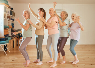 Elderly, yoga and portrait of friends row dance together on class break for cheerful fun....