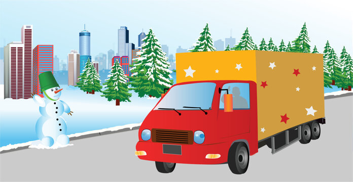 Vector illustration of winter landscape with a truck on a road near a city. Fir trees covered with snow and a snowman are included.