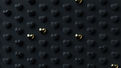 Multicolored Heart background. Valentine Wallpaper with Black and Gold love hearts. 3D Render 