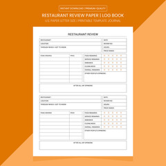 Restaurant Review Log Book | Restaurant Review Diary Journal | Notebook Printable Template