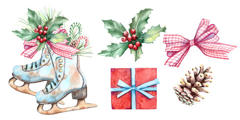 Watercolor PNG Christmas elements. set of Christmas decorative elements.