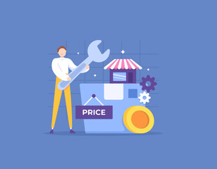 business and product management. small and medium enterprises or SMEs. determine product prices and calculate production costs. illustration concept design. graphic elements