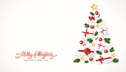 Fototapeta na wymiar Christmas holiday banner. Christmas tree made of presents, ornaments and fir-tree twigs. Merry Christmas calligraphy. Festive decoration on white.Composition for sale banners, gift tags, party posters