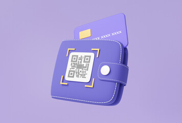 QR code scanning via digital wallet with credit card on purple background. pay money or online payment, shopping special concept. security transfer financial, transaction technology. 3d rendering