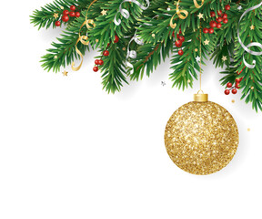 Obraz na płótnie Canvas Christmas tree holiday decoration isolated on white. Fir tree branch with holly berry and ribbons. Golden glitter ball, ornaments. Vector. For Chistmas and New Year cards, headers, party posters.