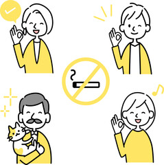 禁煙のアイコンセット　笑顔の人物達のベクター素材