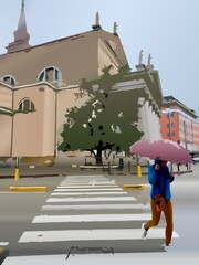 Illustrazione di arte digitale generata dall'intelligenza artificiale di donna con ombrello