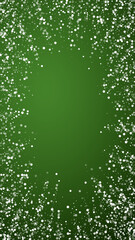 Beautiful snowfall christmas background. Subtle flying snow flakes and stars on christmas green background. Beautiful snowfall overlay template. Vertical vector illustration.