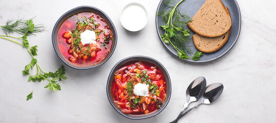 Original borscht or Botwinka or botwinya - traditional  red beetroot soup with beet leaves, hot recipe of the Slavic countries: Ukrainian and Russian, Lithuanian, Belarusian and Polish, banner