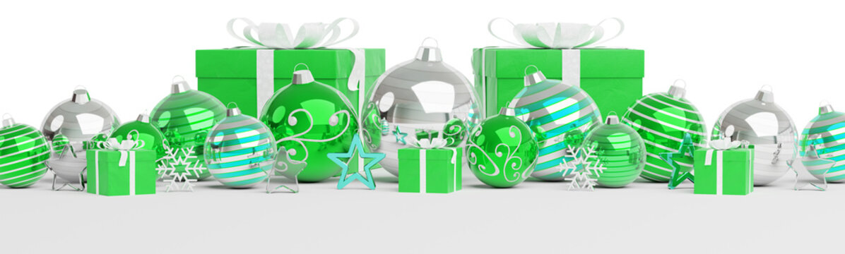 Isolated glossy christmas decoration lined up on white. 3D rendering green shiny baubles ornaments. Gifts with bows and glossy golden stars. Merry Xmas cut out background