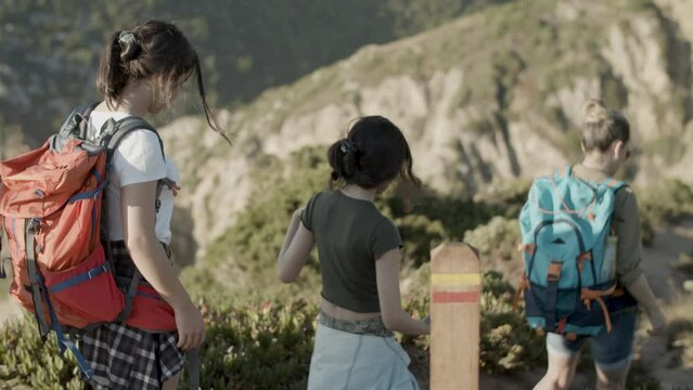 Mother and daughters walking down hiking trail, descending steep hill. Three young women with backpacks using trekking poles travelling on vacation. Back view, slow motion. Travel, family concept.