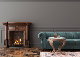 Beautiful living room with fireplace. Classic style interior design. Burning firewood, fire. Cosy, relaxed atmosphere. Sofa, table, parquet floor, fireplace. Heating with wood. 3D rendering.