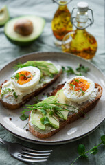 Obraz na płótnie Canvas Bread toast, boiled eggs, avocado slice, microgreens on a plate