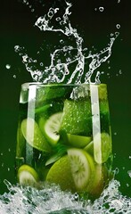 A Glass of Fresh Fruity Drink with Splash, Generative Art Illustration, Lemon Cocktail, Citrus Beverage