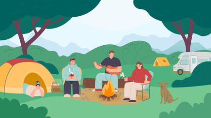 Camping people landscape. Family resting weekend with bbq and fireplace
