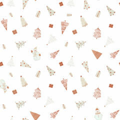 Beautiful seamless Christmas pattern with cute hand drawn winter fir trees and snowman. Stock illustration. Spruce forest. Celebration wallpaper.