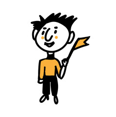 A boy with a flag in his hand. A hand-drawn funny character. Doodle illustration. Vector
