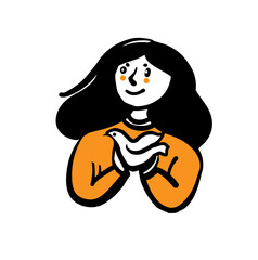 A cute girl with a white dove in her hands. Vector illustration