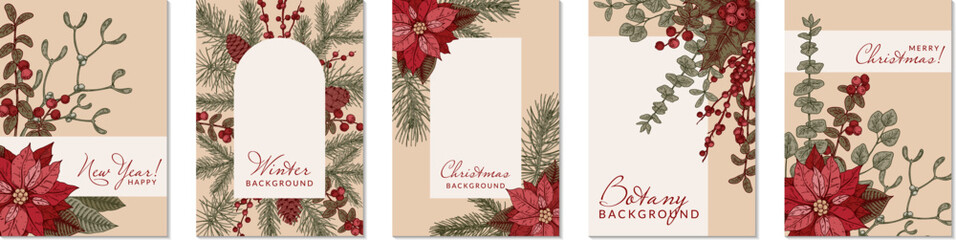 Merry Christmas and Happy New Year vertical greeting card with hand drawn poinsettia flower and mistletoe brunch. Festive colorful background. Vector illustration in sketch style