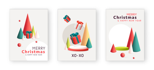 3d vector modern minimal Christmas set of gift greeting cards with pine conus tree, podium and gift boxes design illustration