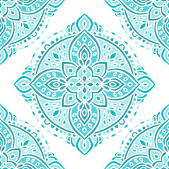 White and turquoise vector seamless pattern with mandala. Ornament, Traditional, Ethnic, Arabic, Indian motifs. Great for fabric and textile, wallpaper, packaging design or any desired idea. 