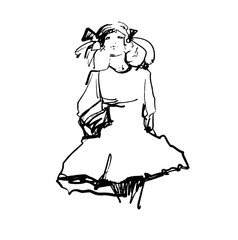 Young beautiful girl with bows. A fashionable model. A sketch drawn by hand. Fashionable illustration. Vector