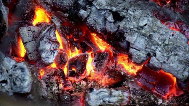 Close up shot of burning and hot charcoal coals