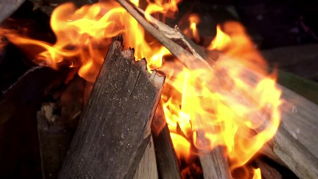 Close up fire from the wood fire. hot and boiling. slow motion mode.