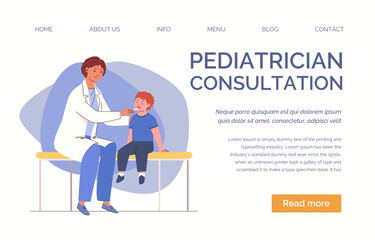 Child on medical examination and consultation of pediatrician in hospital. Vector characters flat cartoon illustration. Landing page template.

