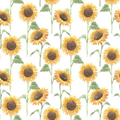 Beautiful vector floral seamless pattern with watercolor hand drawn yellow sunflowers. Stock illustration.