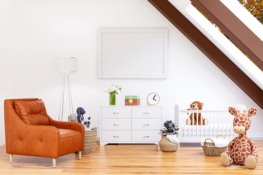 3d rendered illustration of a bright attic child room with mockup picture frame.