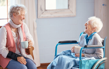 Coffee, senior women and friends laugh for funny story with trust, love and care. Elderly women, wheelchair and disabled female with conversation, happy smile and bonding together in retirement home - obrazy, fototapety, plakaty